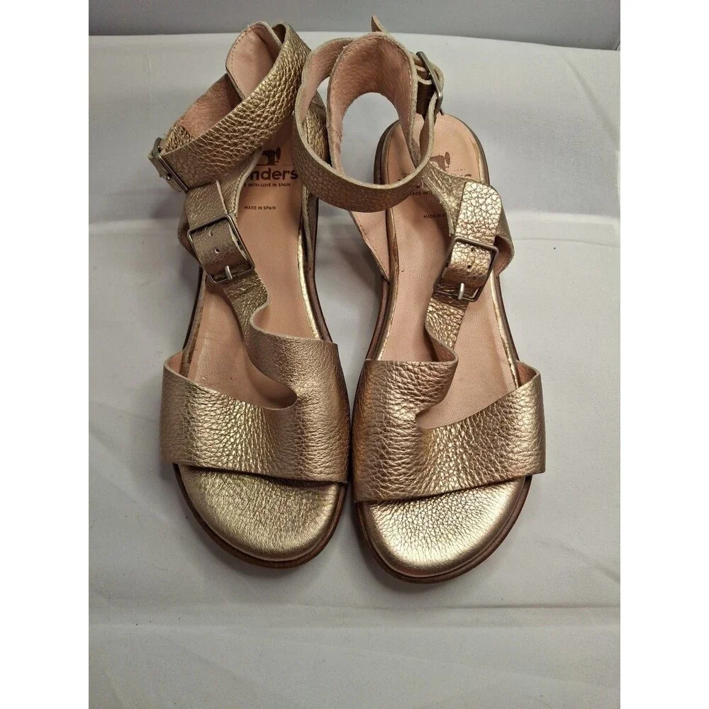 WONDERS Leather Wrap Around Ankle Women's Gold Sandals Size 37 (6.5)